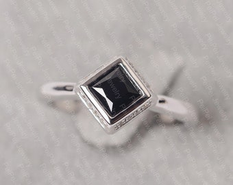 Black spinel ring princess cut gemstone ring white gold engagement ring