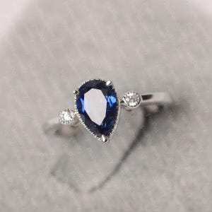 sapphire ring sterling silver pear cut promise ring September birthstone ring