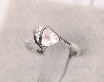 Pink quartz ring sterling silver wedding for women trillion cut pink gemstone ring