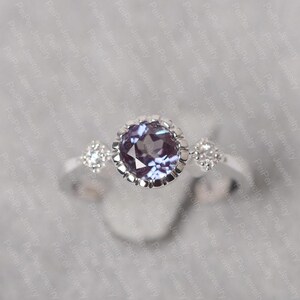 Alexandrite ring round cut June birthstone color changling stone ring sterling silver engagement ring