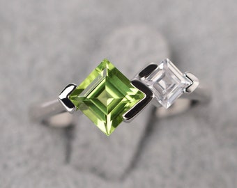 2 Birthstones Ring Square Cut Low Profile Peridot Cocktail Ring August Birthstone