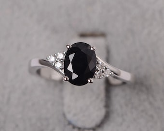 Black spinel ring sterling silver engagement ring for women oval cut black gemstone ring