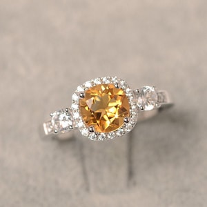Yellow citrine ring round cut sterling silver halo wedding ring November birthstone ring