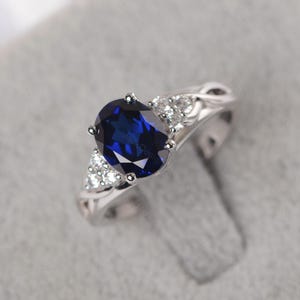 blue sapphire ring September birthstone ring silver engagement ring