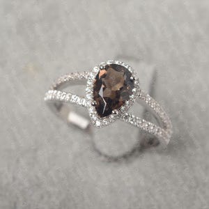 Smoky quartz ring customized ring brown gemstone ring pear cut gold engagement ring