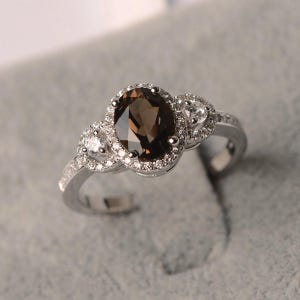 Smoky quartz ring oval cut ring sterling silver halo engagement ring