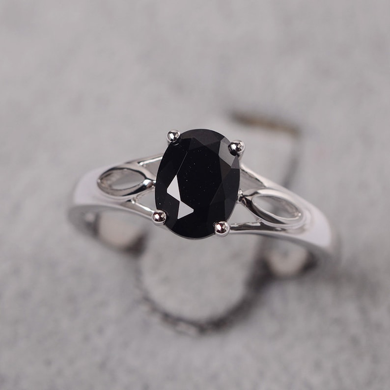 black spinel ring oval cut black stone sterling silver single ring for women