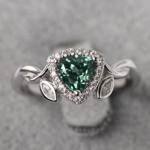 Green sapphire twig engagement ring sterling silver trillion cut twist branch wedding ring