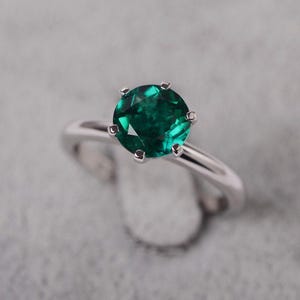 Green emerald ring round cut May birthstone white gold solitaire engagement ring for women