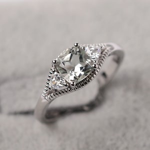 Vintage Milgrain Wedding Ring Solid Silver Cushion Cut Green Ametyst Engagement Ring