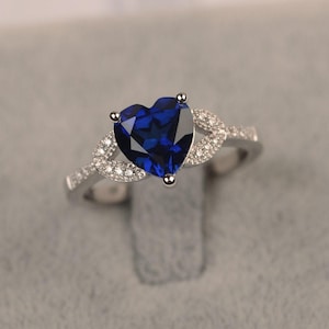 Heart shape sapphire wedding ring sterling silver  split band September birthstone ring