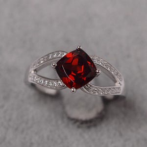 Split band ring cushion cut  silver garnet wedding ring January birthstone gifts for her