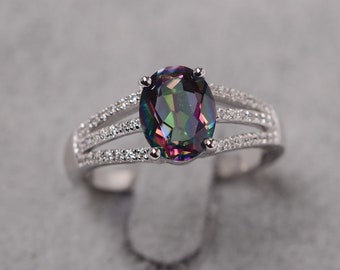 Mystic topaz ring oval cut engagement ring sterling silver rainbow gemstone ring for girl