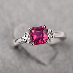 Unique Ruby Cocktail Ring 14K White Gold Asscher Cut 6x6 mm July Birthstone Ring