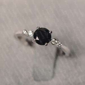 Black spinel ring sterling silver engagement ring 5 stone round cut black gemstone ring