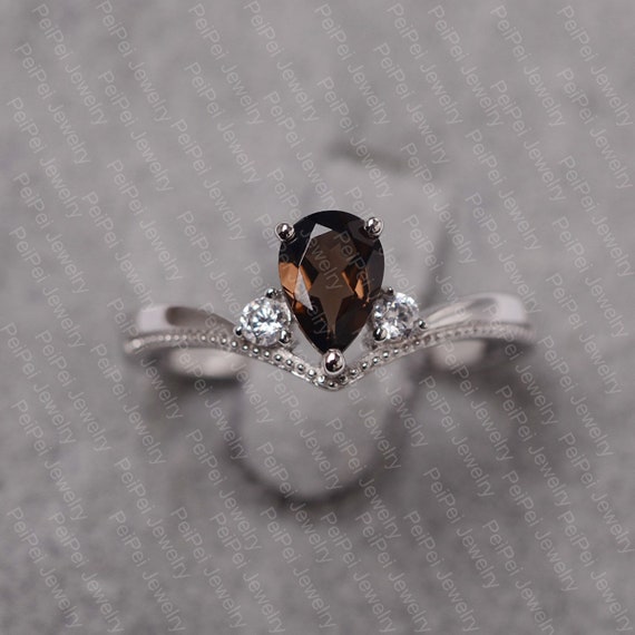 Genuine smoky quartz ring, sterling silver engagement ring, pear cut twist wedding selling ring