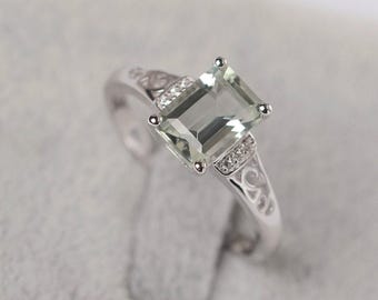 Green amethyst ring emerald cut white gold engagement ring for her