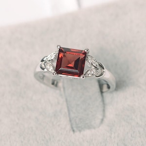 Red garnet ring sterling silver wedding ring for women square cut January birthstone ring