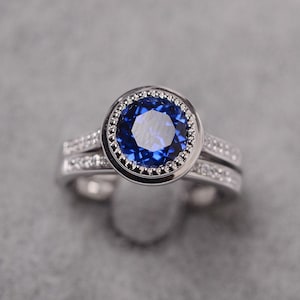 Blue sapphire ring sterling silver engagement ring for women September birthstone round cut gemstone ring