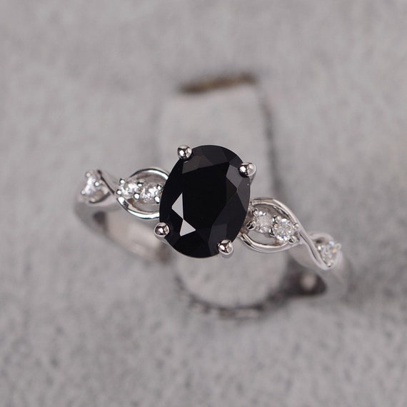 Oval Black Spinel Floral Halo Engagement Ring | LUO