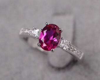 Oval cut ruby ring July birthstone ring sterling silver engagement ring for women