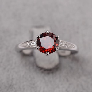 Garnet ring sterling silver engagement ring January birthstone round cut red gemstone ring