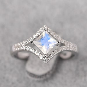 Moonstone chevron engagement ring princess cut kite setting June birthstone ring