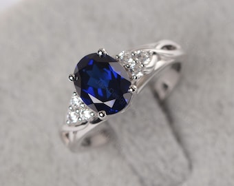blue sapphire ring September birthstone ring silver engagement ring