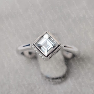 aquamarine ring square cut white gold engagement ring for women March birthstone ring
