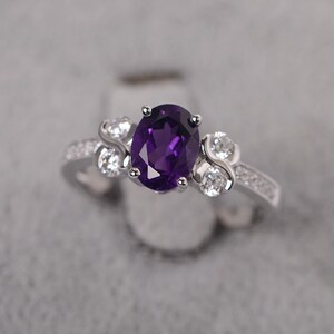 Purple amethyst ring sterling silver wedding oval cut gemstone February birthstone ring