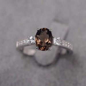 Smoky quartz ring oval cut sterling silver engagement ring for women