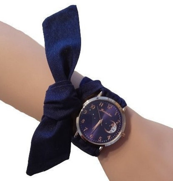 Montre femme lune avec bracelet ruban coton interchangeable