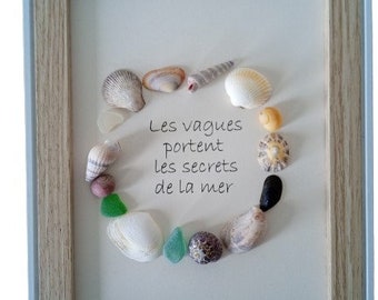 Tableau citation mer vagues en verres polis par la mer et coquillages de plage diy