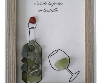 Wine quote painting in glasses polished by the sea, wine is poetry in a bottle. unique gift, bottle of wine, Brittany, Quiberon