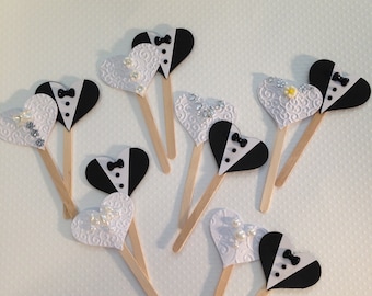 Bride and groom cupcake  toppers,  wedding cupcake toppers, bridal shower decorations,  hearts