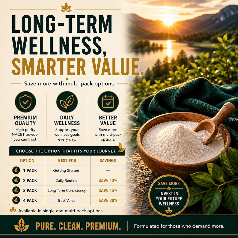 NACET powder bundle savings image featuring long-term wellness, multi-pack discounts, premium high purity N-Acetylcysteine Ethyl Ester powder, biohacker longevity supplement, and advanced wellness routine support, bulk wholesale