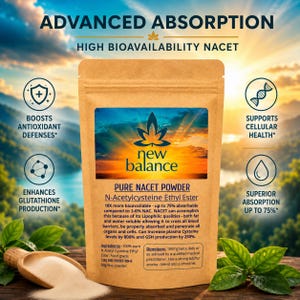 NACET powder supplement listing image featuring advanced absorption, high bioavailability NACET, antioxidant support, glutathione support, and premium ultra-fine N-Acetylcysteine Ethyl Ester powder in resealable pouch packaging.