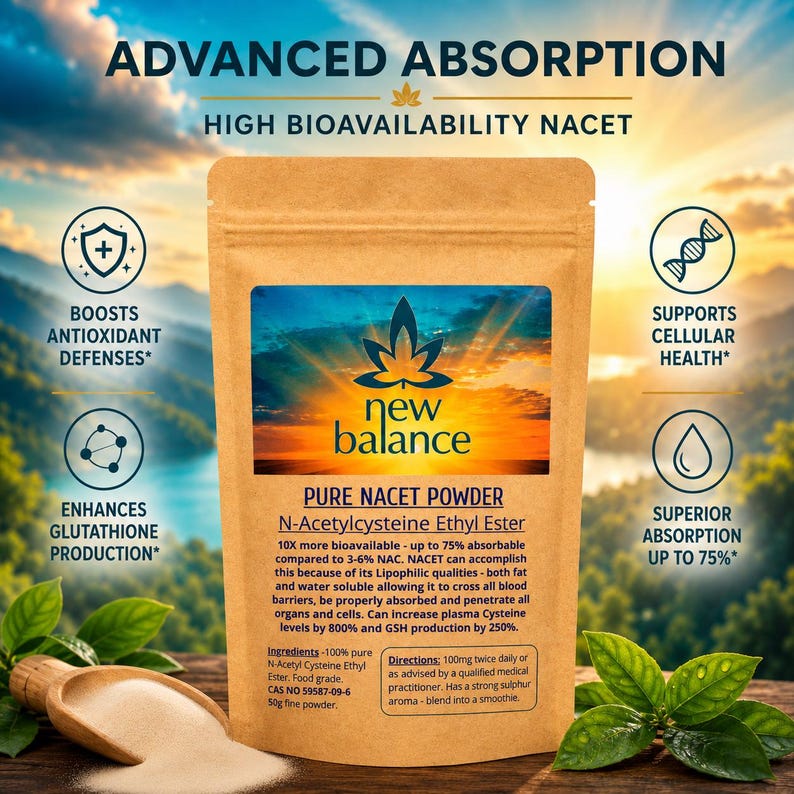 NACET powder supplement listing image featuring advanced absorption, high bioavailability NACET, antioxidant support, glutathione support, and premium ultra-fine N-Acetylcysteine Ethyl Ester powder in resealable pouch packaging.