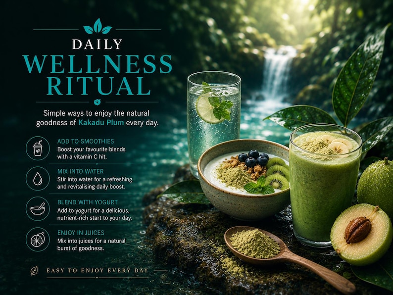 Kakadu Plum wellness infographic with Australian rainforest background showing vitamin C, antioxidant, collagen and digestive wellness support benefits