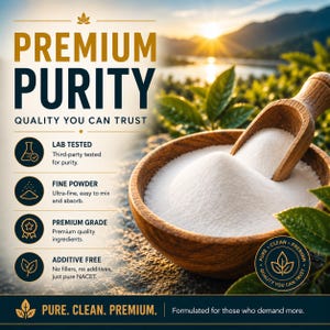 Premium NACET powder purity image featuring ultra-fine high purity N-Acetylcysteine Ethyl Ester powder, lab tested quality, additive free formulation, advanced absorption support, and premium wellness supplement branding.