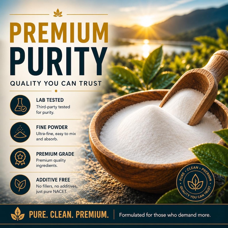 Premium NACET powder purity image featuring ultra-fine high purity N-Acetylcysteine Ethyl Ester powder, lab tested quality, additive free formulation, advanced absorption support, and premium wellness supplement branding.