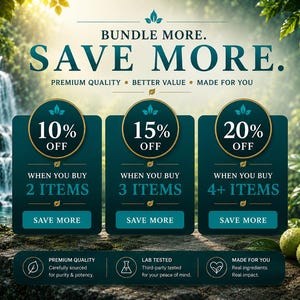 Kakadu Plum bundle savings infographic with 10 percent, 15 percent and 20 percent multi buy discounts on Australian superfruit wellness products