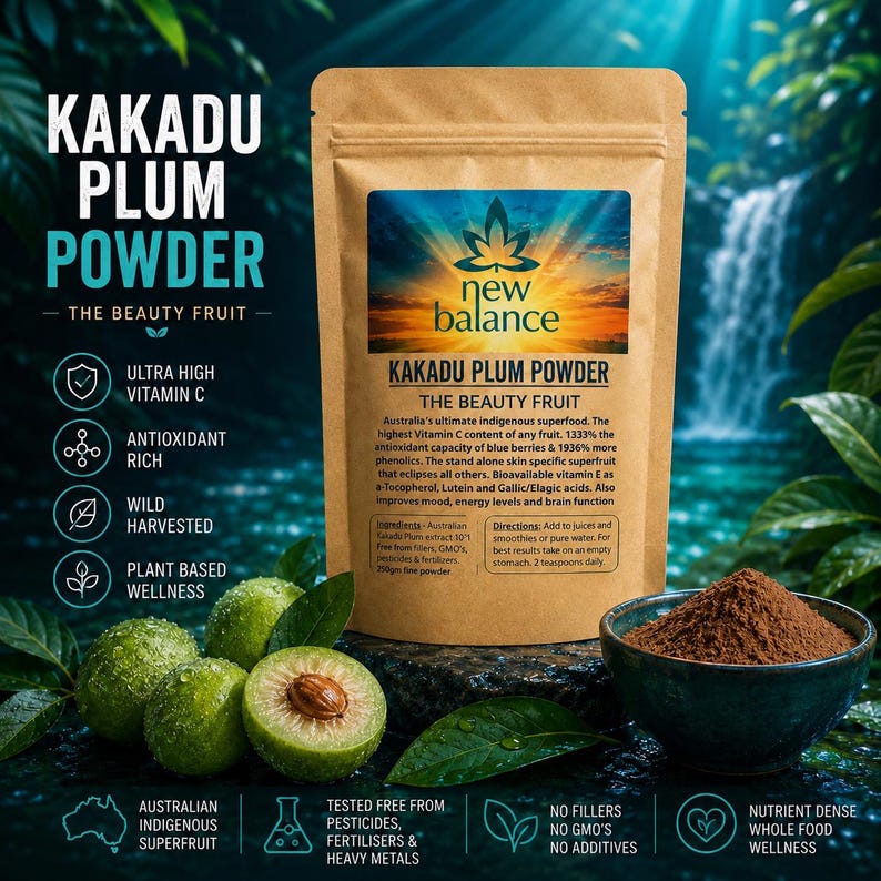 Kakadu Plum Powder pouch with brown Kakadu plum powder in bowl, Australian wildcrafted superfruit, high vitamin C antioxidant wellness supplement, rainforest background