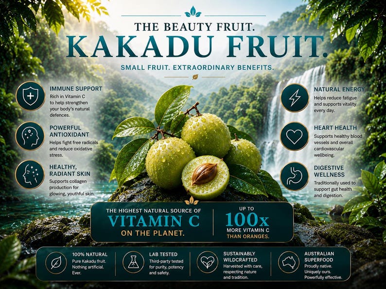Kakadu Fruit infographic showing Australian wildcrafted superfruit benefits including high vitamin C, antioxidant support, radiant skin, immune support and digestive wellness with rainforest waterfall background