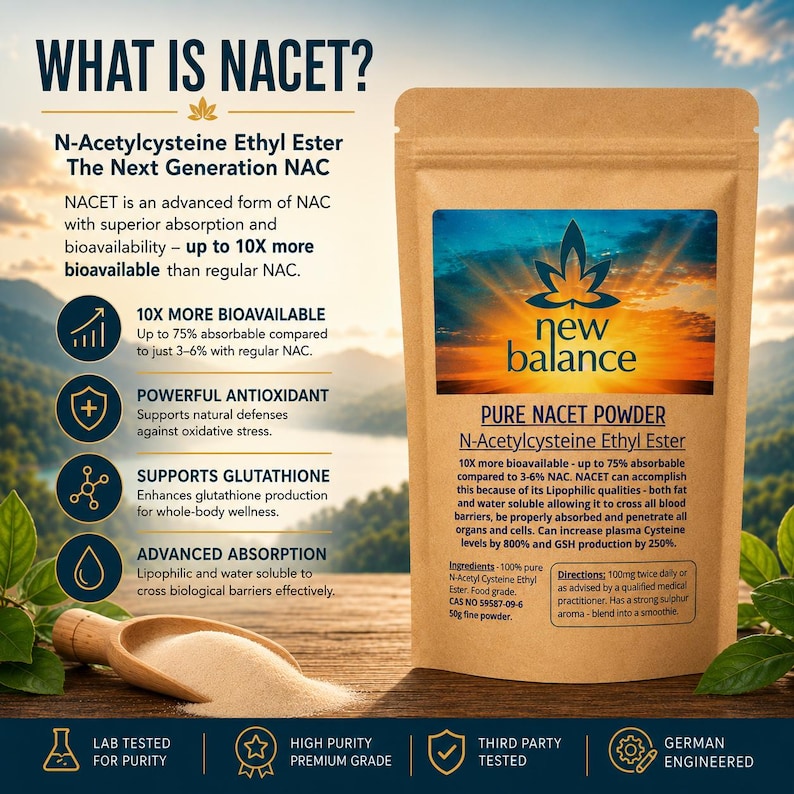 What is NACET infographic showing N-Acetylcysteine Ethyl Ester powder benefits, advanced absorption, high bioavailability, glutathione support, antioxidant wellness support, and premium high-purity NACET supplement in resealable pouch packaging.