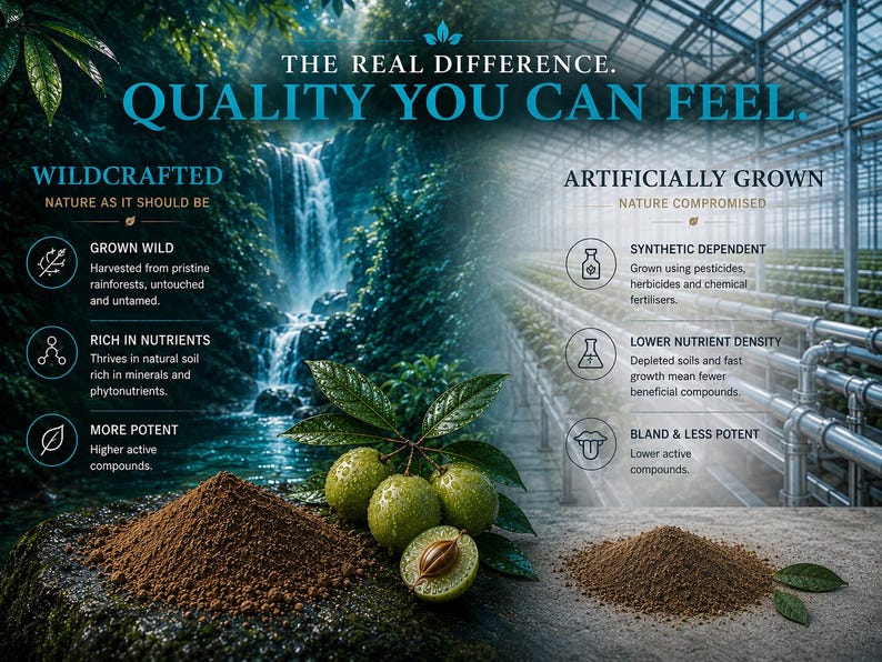 Wildcrafted vs artificially grown Kakadu Plum comparison infographic showing rainforest sourced superfruit, brown powder, nutrient density and natural antioxidant quality