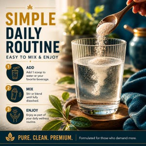 NACET powder daily routine image showing ultra-fine N-Acetylcysteine Ethyl Ester powder mixing into water, advanced wellness supplement preparation, easy absorption support, and premium biohacker longevity lifestyle routine.