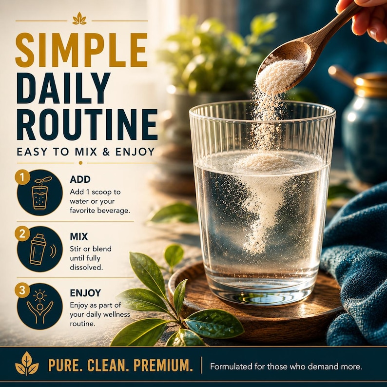 NACET powder daily routine image showing ultra-fine N-Acetylcysteine Ethyl Ester powder mixing into water, advanced wellness supplement preparation, easy absorption support, and premium biohacker longevity lifestyle routine.