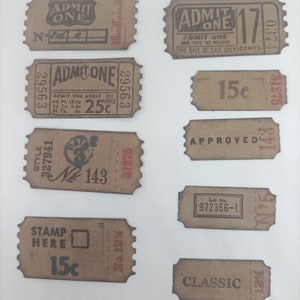 Bastelmaterial für Junk Journals, Karten,  und Tagebücher. Handgemachte Tickets im Vintage Stil. Verzierungen aus Kraftpapier. Ephemera