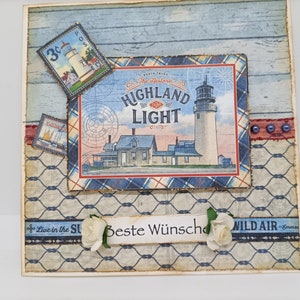Geburtstagskarte für den Mann Vintage Stil, maritime Glückwunschkarte zum Jubiläum handgemacht, 15,5x15,5cm Klappkarte shabby chic, Karte 3D